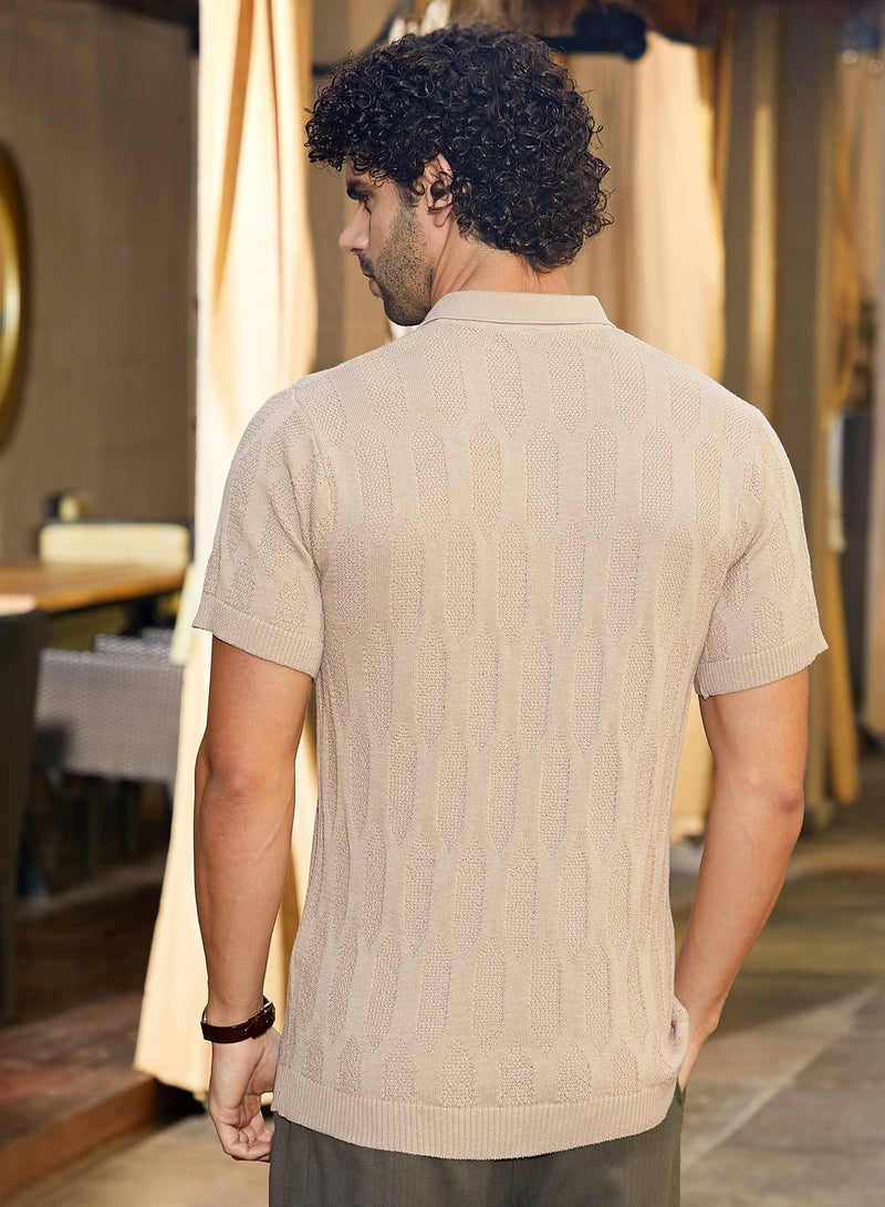 Campus Sutra Men's Camel Beige Webbing-Tactile Polo T-Shirt For Casual Wear | Polo Neck | Short Cuffed Sleeves | Half-Button Closure | T-Shirt Crafted With Comfort Fit For Everyday Wear - Image 5
