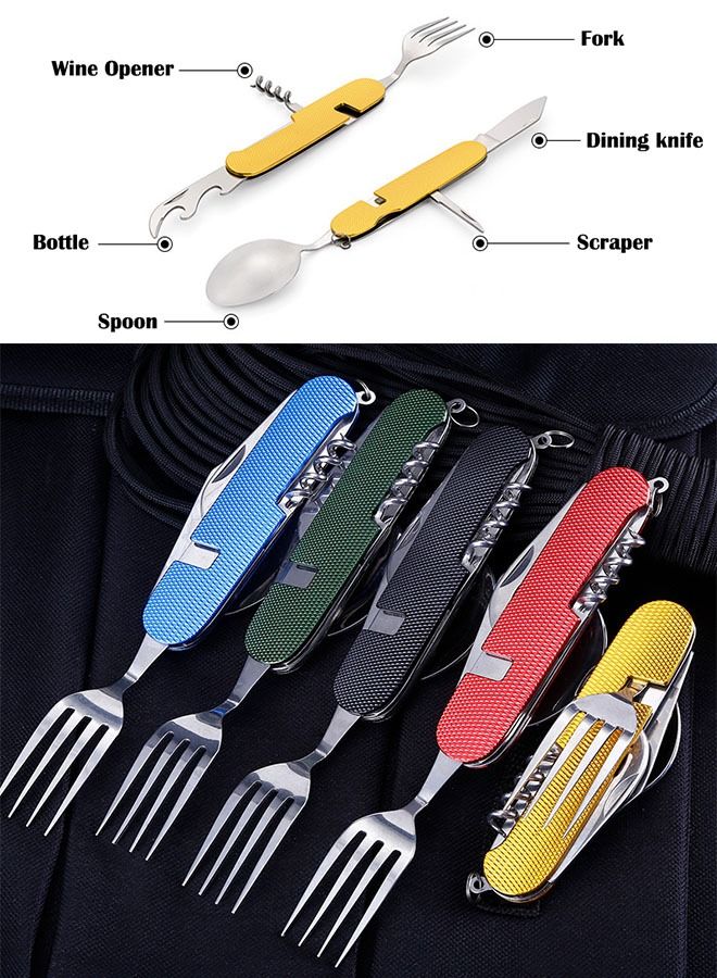 ZCM-HAPPY 5 Piece Set of 6 in 1 Camping Cutlery Detachable Folding Stainless Steel Fork Knife Spoon Bottle Opener - Image 2