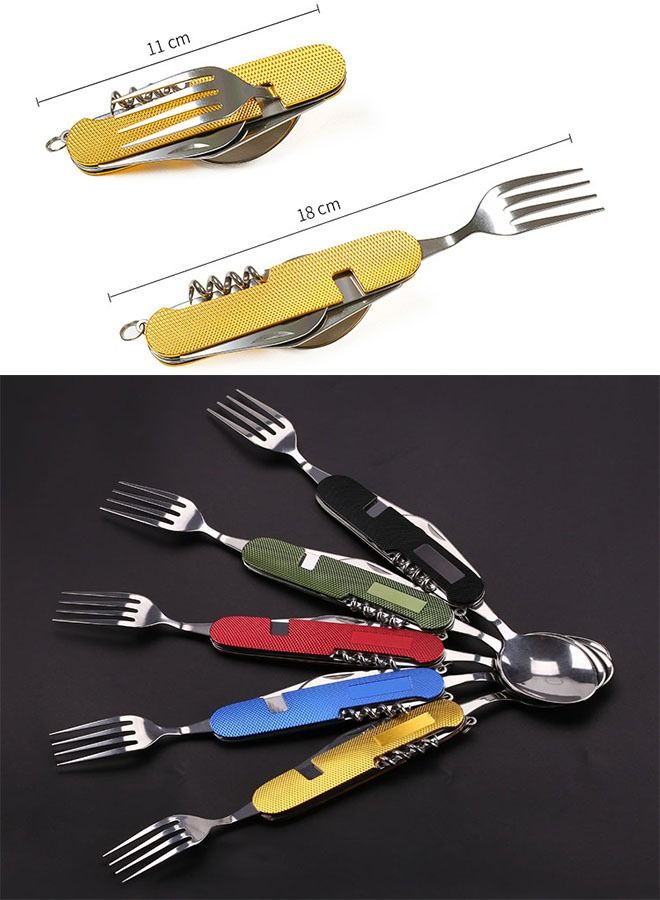 ZCM-HAPPY 5 Piece Set of 6 in 1 Camping Cutlery Detachable Folding Stainless Steel Fork Knife Spoon Bottle Opener - Image 3