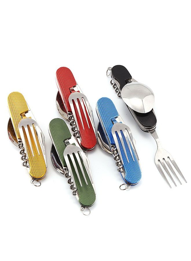 ZCM-HAPPY 5 Piece Set of 6 in 1 Camping Cutlery Detachable Folding Stainless Steel Fork Knife Spoon Bottle Opener - Image 1