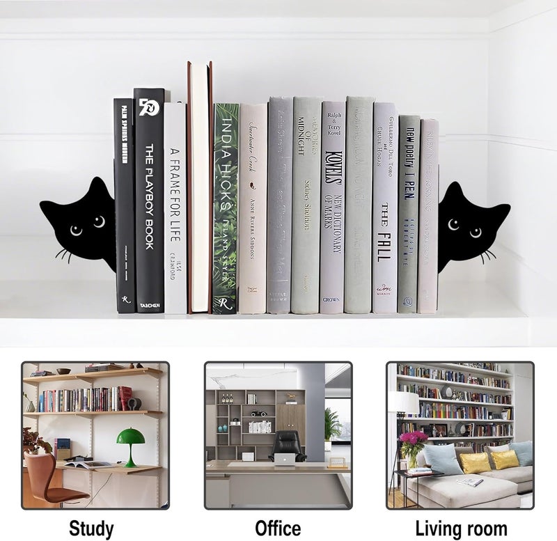 TYLCC Bookends Metal Cat Book Ends, 1 Pairs Cute Bookends for Shelves Decorative for Home Office Desk Bookshelf Decor (Black, Full-face) - Image 5