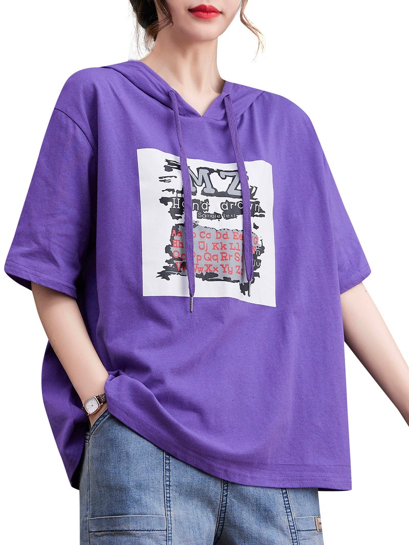Women Loose T-shirt Hooded Half Sleeves Printed Plus Size T-shirts - Image 1