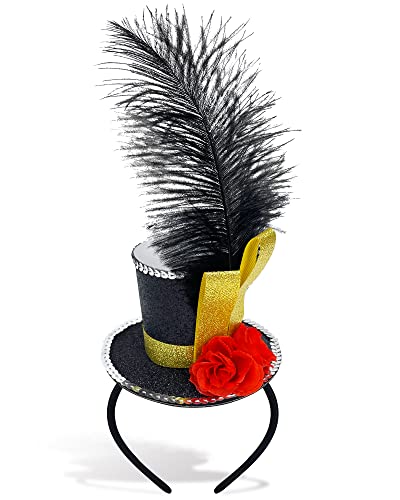 Bnikion Black Mini Top Hat Headband Fascinator Ostrich Feather Top Hat for Ringmaster Circus Costume Accessories Party Derby Tea Party Halloween Carnival Mardi Gras Xmas - Image 1