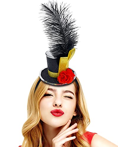 Bnikion Black Mini Top Hat Headband Fascinator Ostrich Feather Top Hat for Ringmaster Circus Costume Accessories Party Derby Tea Party Halloween Carnival Mardi Gras Xmas - Image 2