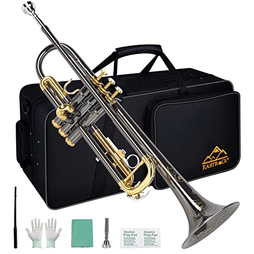EASTROCK Bb Trumpet Standard Trumpet Set with Carrying CaseGloves 7C Mouthpiece Cleaning Kit Tuning Rod Black NickelHand Carved Craft