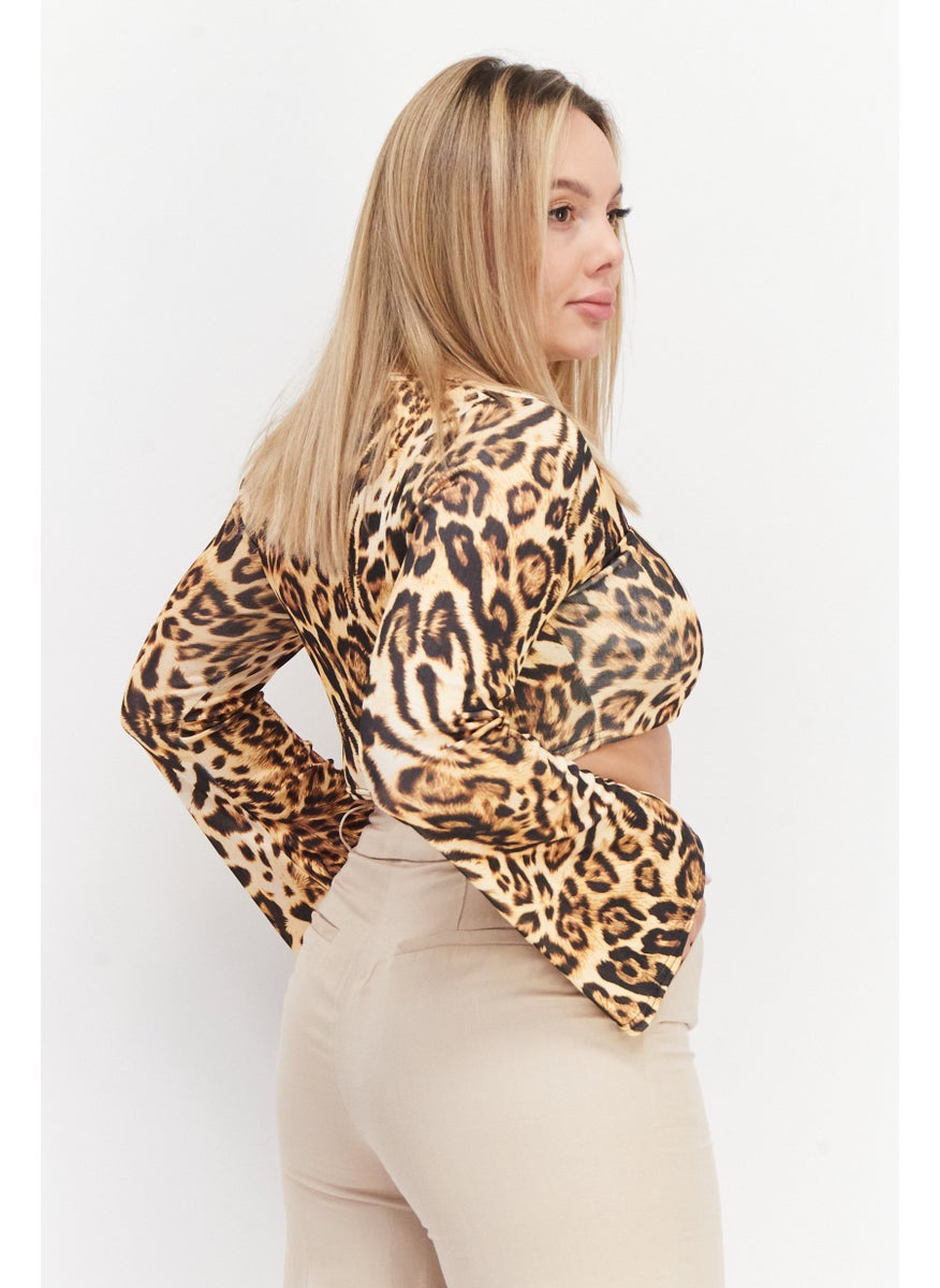 boohoo - Women Square Neck Long Sleeves Animal Print Top, Brown - Image 1