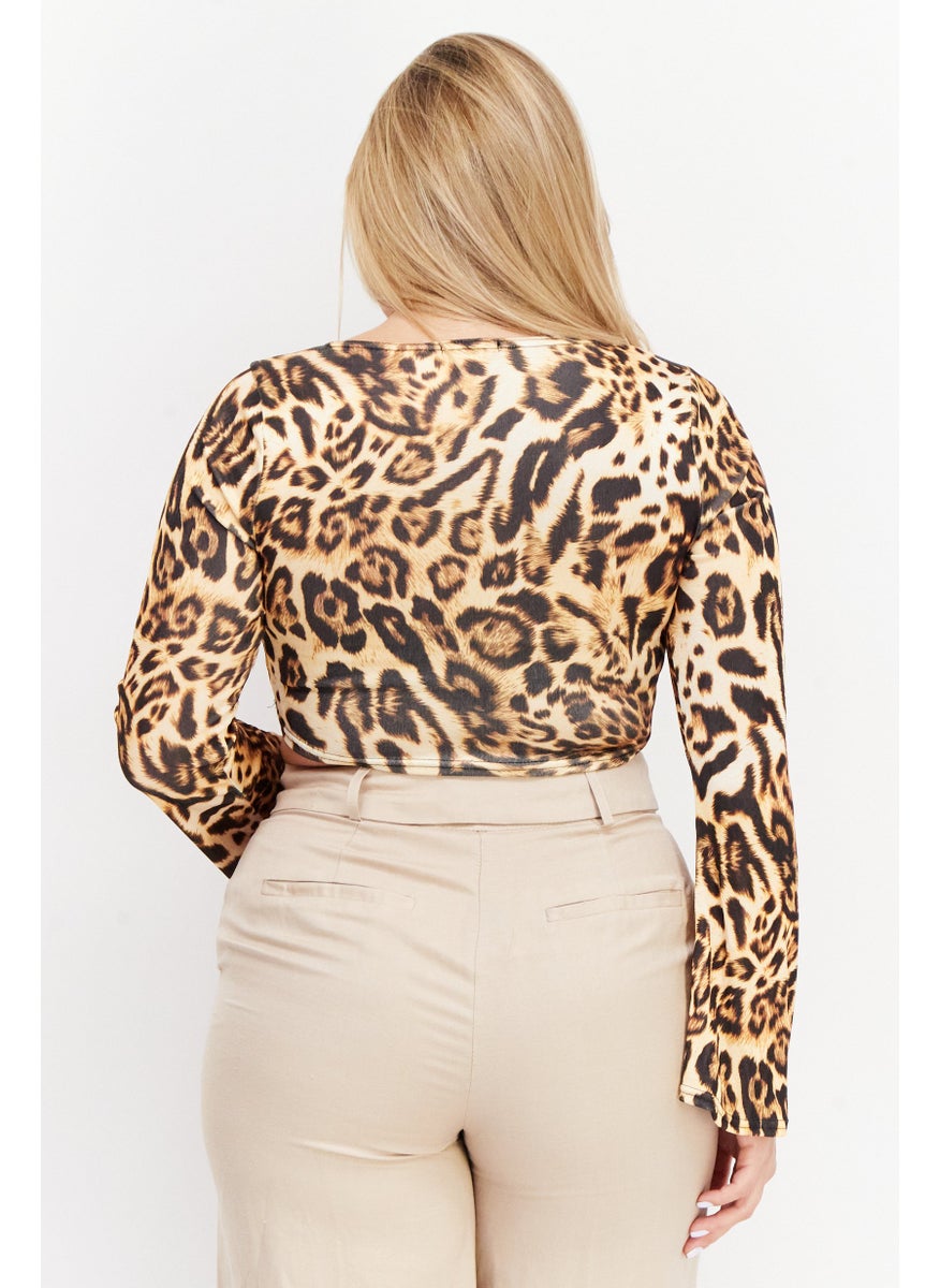 boohoo - Women Square Neck Long Sleeves Animal Print Top, Brown - Image 1