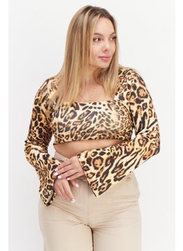 Women Square Neck Long Sleeves Animal Print Top, Brown