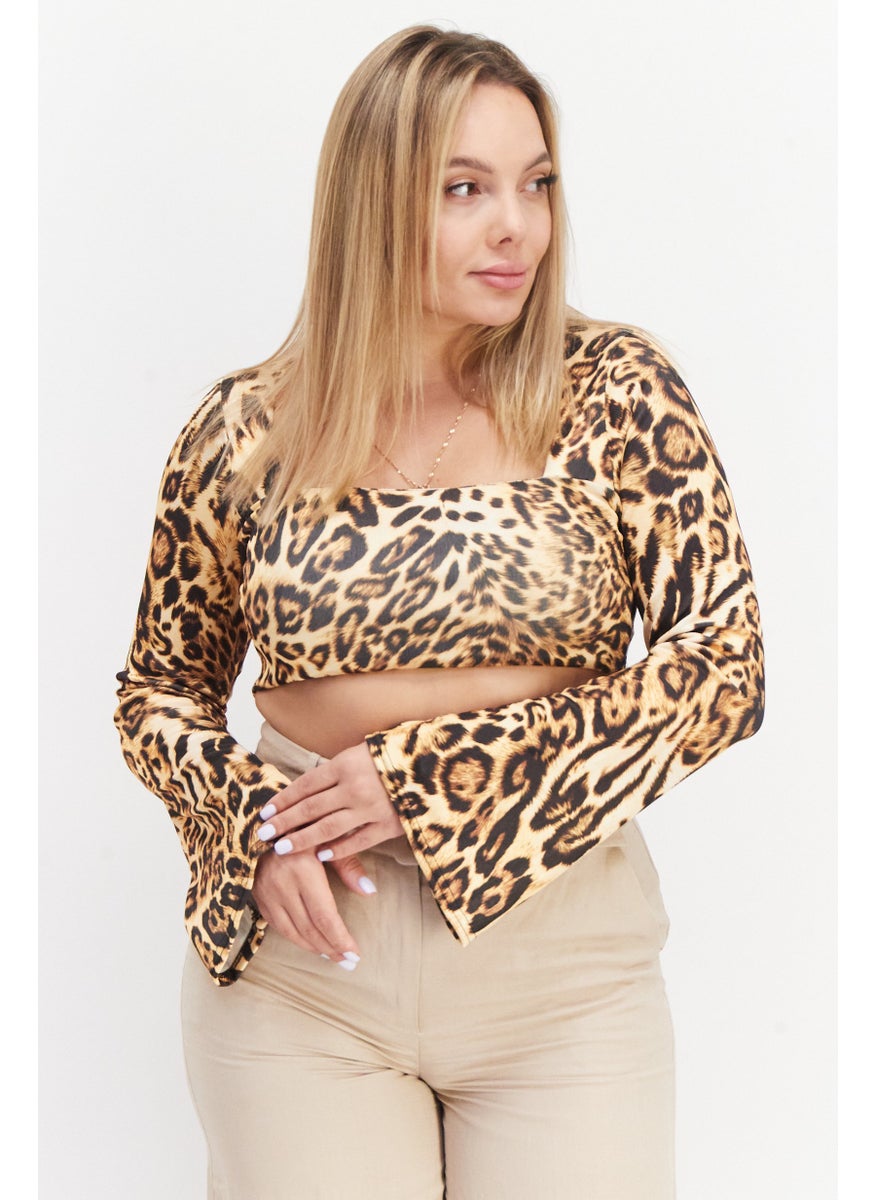 boohoo - Women Square Neck Long Sleeves Animal Print Top, Brown - Image 1