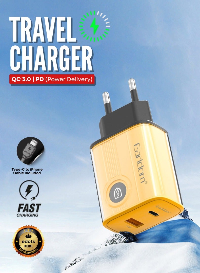 Earldom 20W 2pin Fast Charger – QC3.0 + PD Dual Port | 6 Month Warranty | Type-C to iPhone Lightning Cable | EU Plug - Image 1