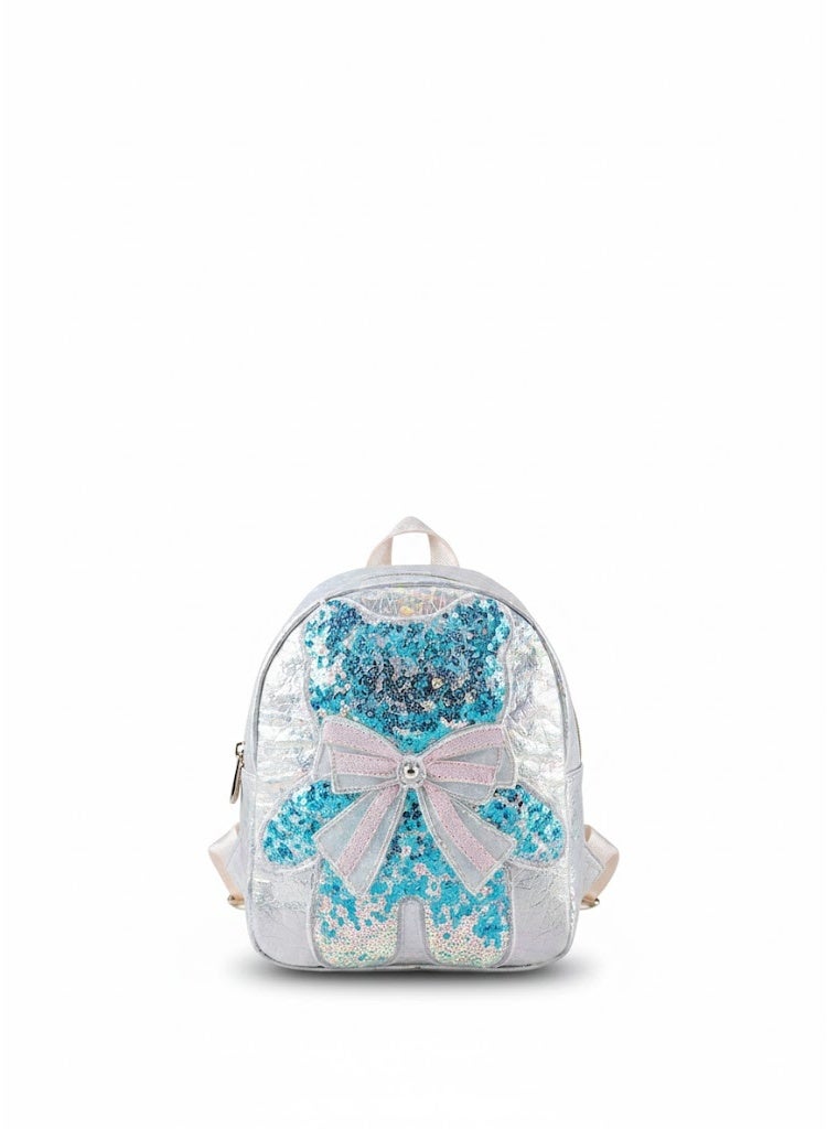 شنطة ظهر أطفال بناتي بتصميم دب لامع مع فيونكة – خفيفة ومناسبة للحضانة والرحلات – لون بيج لامع - Image 1