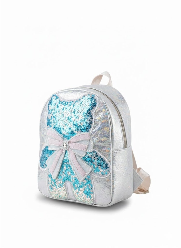 شنطة ظهر أطفال بناتي بتصميم دب لامع مع فيونكة – خفيفة ومناسبة للحضانة والرحلات – لون بيج لامع - Image 2