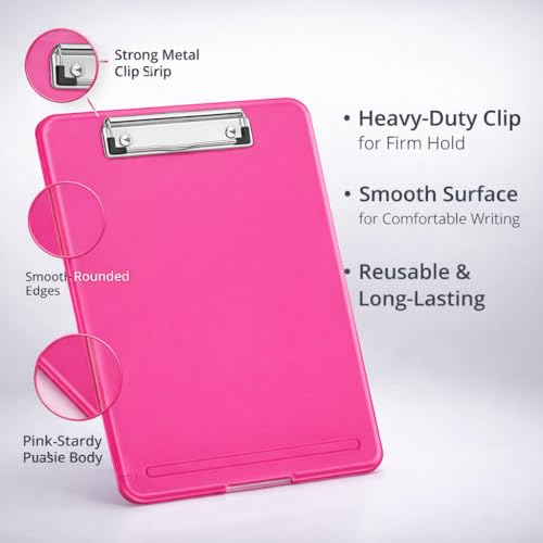 KWIZEAN Pink Clipboard with Storage Compartment | Durable Plastic Clipboard Box with Paper Holder, Pen Slot & Secure Clip | Lightweight Writing Pad for Office, School & Field Use - 1Pc - Image 3