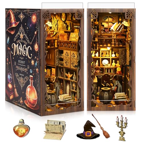 HAIMST Book Nook Kit DIY Miniature House Kit with Dust Cover LED Light 3D Wooden Puzzle Bookends Crafts Bookshelf Decoration Gift for Adults and Teens Magic Night - Image 1