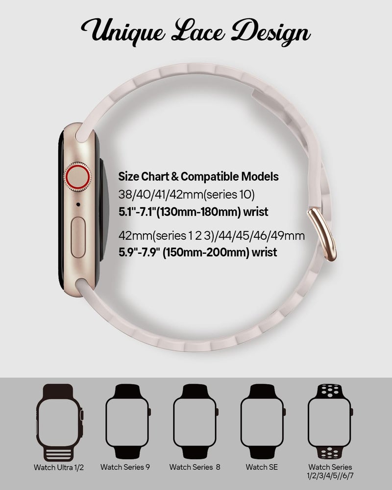 Sunnywoo Lace Sport Silicone Band Compatible with Apple Watch 38mm 40mm 41mm 42mm 44mm 45mm 46mm 49mm for Women, Soft Wristband Waterproof Replacement for iWatch Series Ultra 10 9 8 SE 7 6 5 4 3 2 1 - Image 3