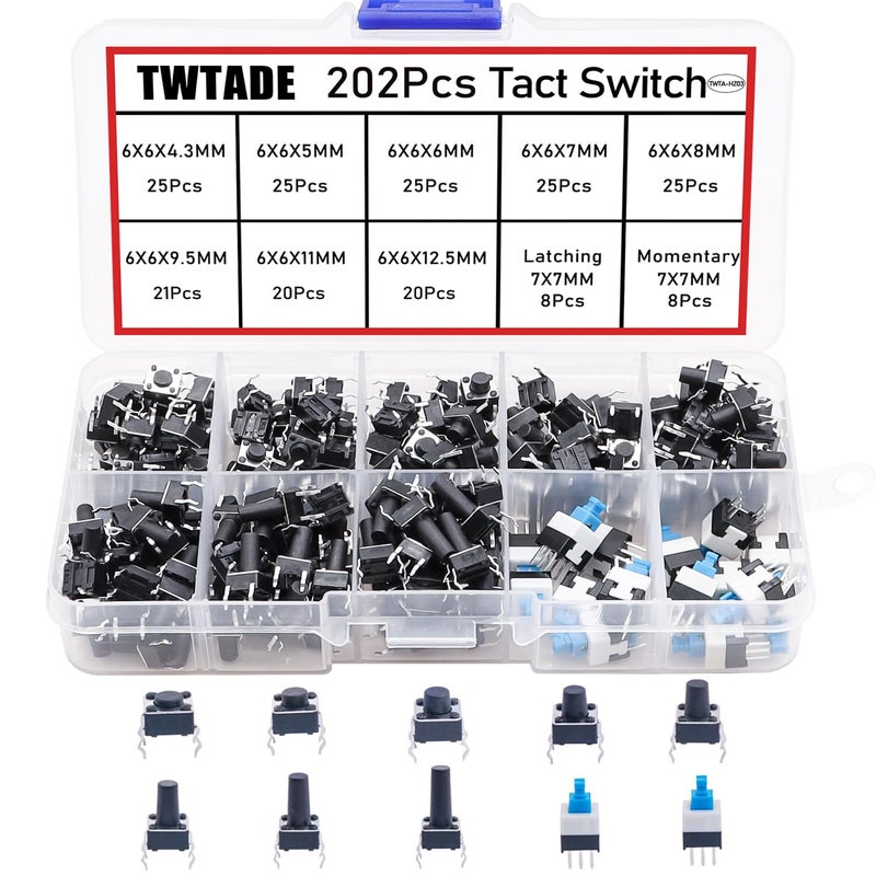 TWTADE 202PCS Micro Momentary Tactile Push Button Switch Assortment Kit 10 Values 4 Pins 6x6mm & 7x7mm Tact Switches - Image 1