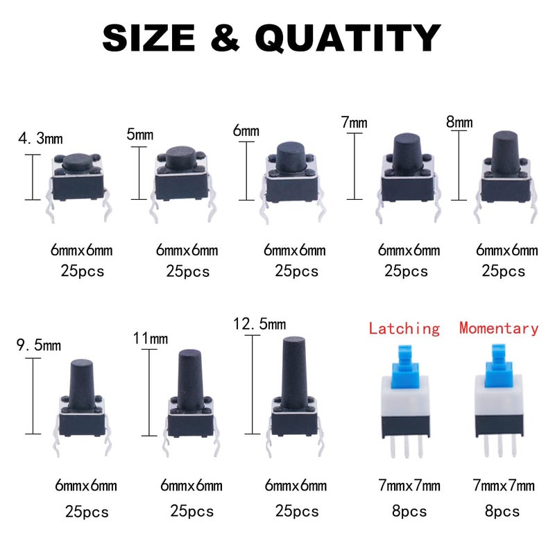 TWTADE 202PCS Micro Momentary Tactile Push Button Switch Assortment Kit 10 Values 4 Pins 6x6mm & 7x7mm Tact Switches - Image 2
