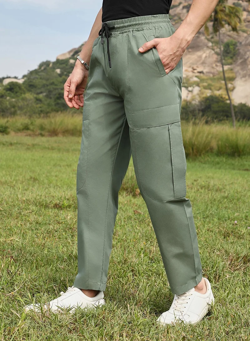 Campus Sutra Men's Olive Green Solid Utility Trousers