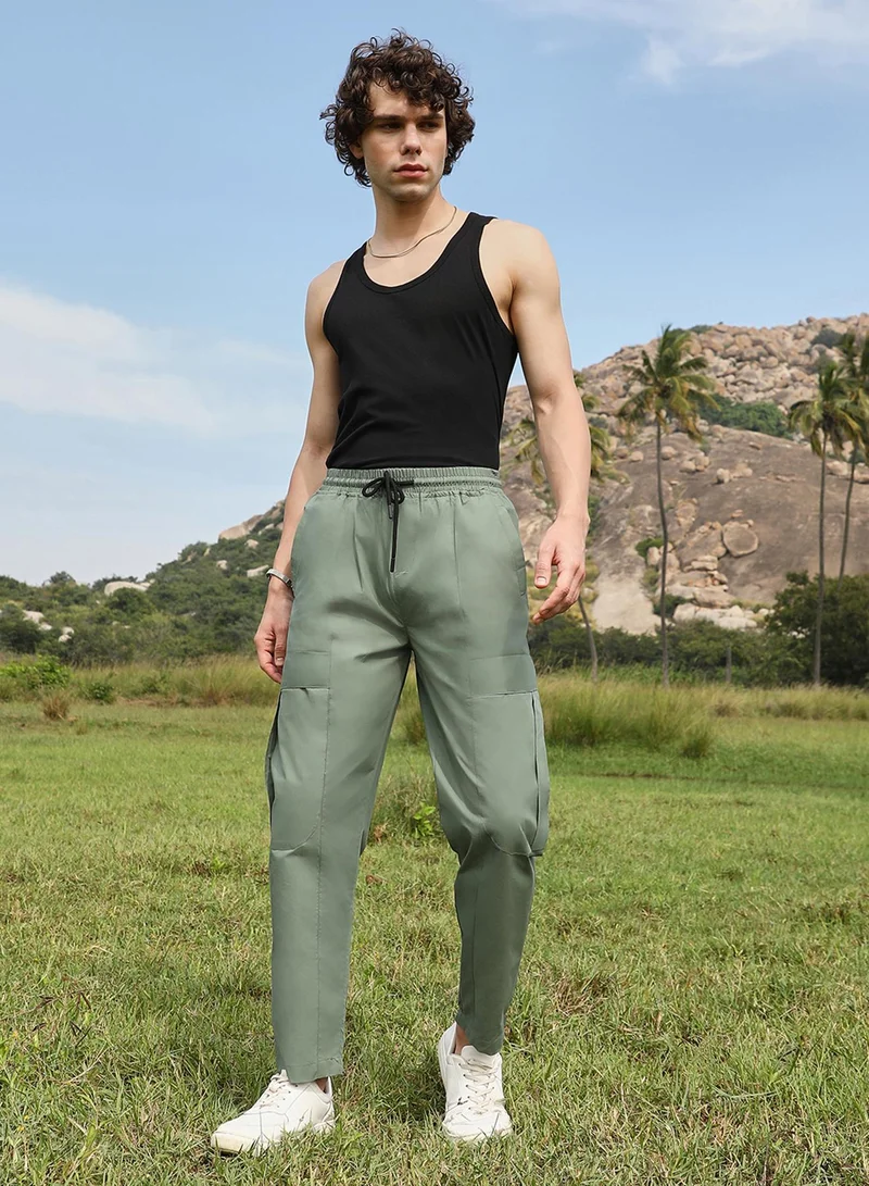 Campus Sutra Men's Olive Green Solid Utility Trousers
