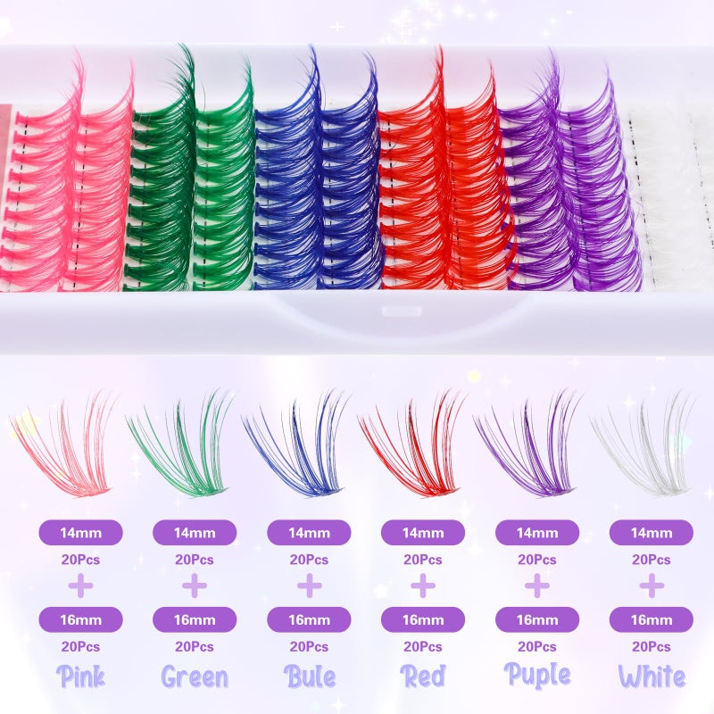 Amabro Colored Eyelash Extensions, 120 PCS 14mm 16mm Mixed Lash Clusters DIY Eyelash Extension D Curl Individual Cluster Lashes DIY Lash Extension Mixed 6 Colors for Women Girls - Image 2