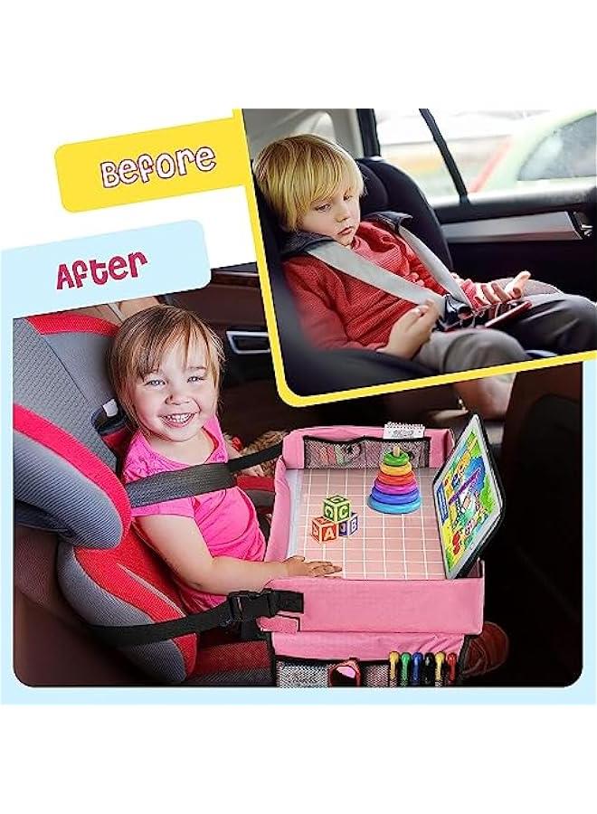 Gonice Car Seat Organizer Kids Travel Tray for Kids Toddlers Activities in Car Seat, Stroller, Airplane Waterproof Dry Erase Top Side Pocket & Water Bottle Holder - Image 2