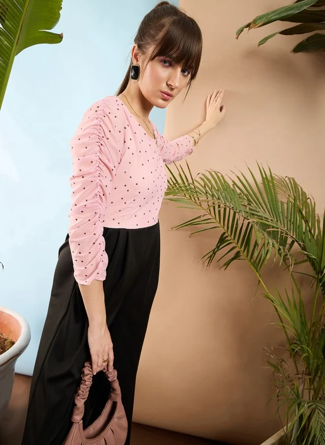 SASSAFRAS Peach and Black Colourblocked Smocked Jumpsuit for Women