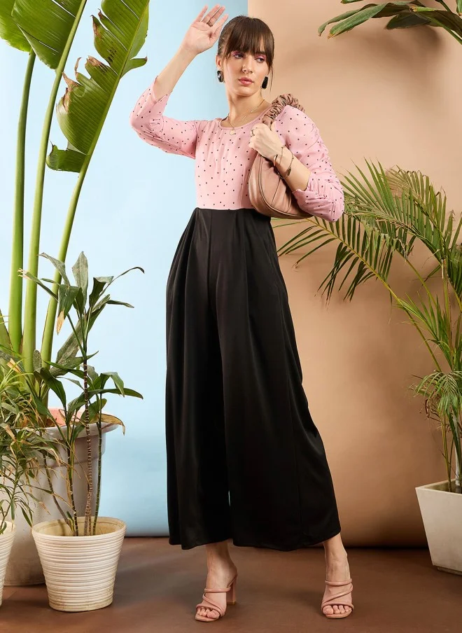 SASSAFRAS Peach and Black Colourblocked Smocked Jumpsuit for Women