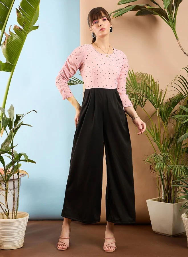 SASSAFRAS Peach and Black Colourblocked Smocked Jumpsuit for Women