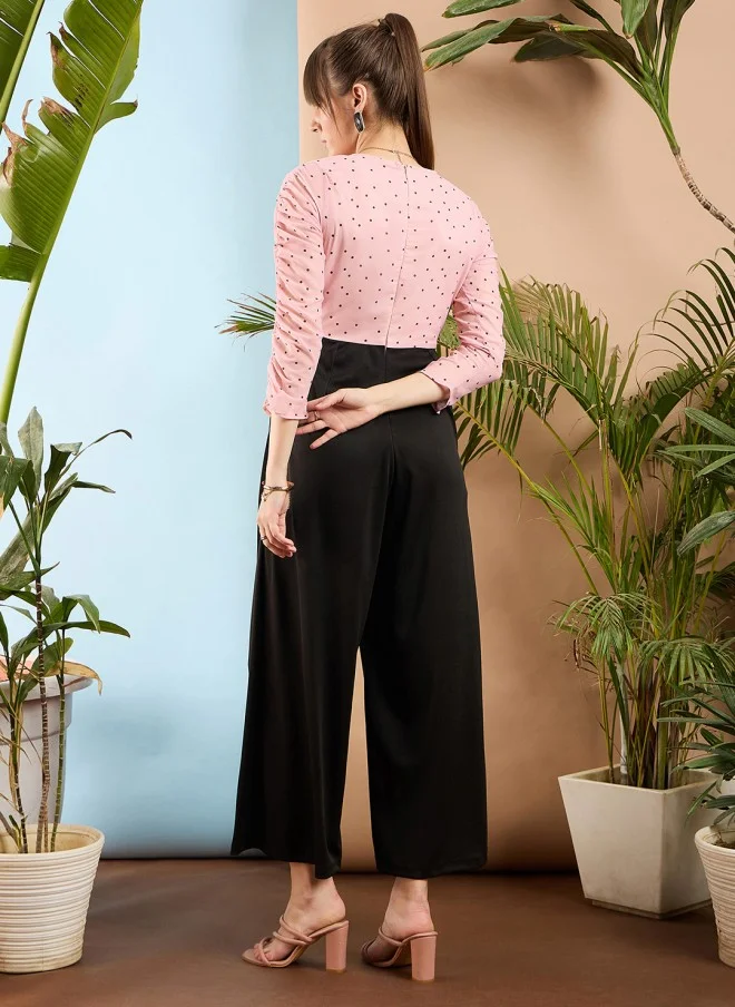 SASSAFRAS Peach and Black Colourblocked Smocked Jumpsuit for Women