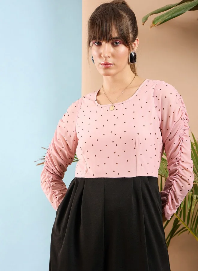 SASSAFRAS Peach and Black Colourblocked Smocked Jumpsuit for Women