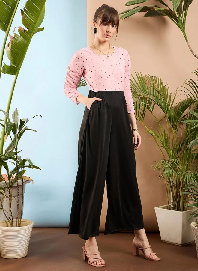 SASSAFRAS Peach and Black Colourblocked Smocked Jumpsuit for Women