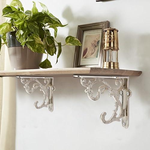 GHAR DWAR Metal Handcrafted Shelf Bracket for Floating Shelves L Angle Decorative L Shaped Corner Brace Joint Heavy Duty Wall Mounted Shelf Supporter Corner Brace Holder (Pack of 2, Silver) - Image 1