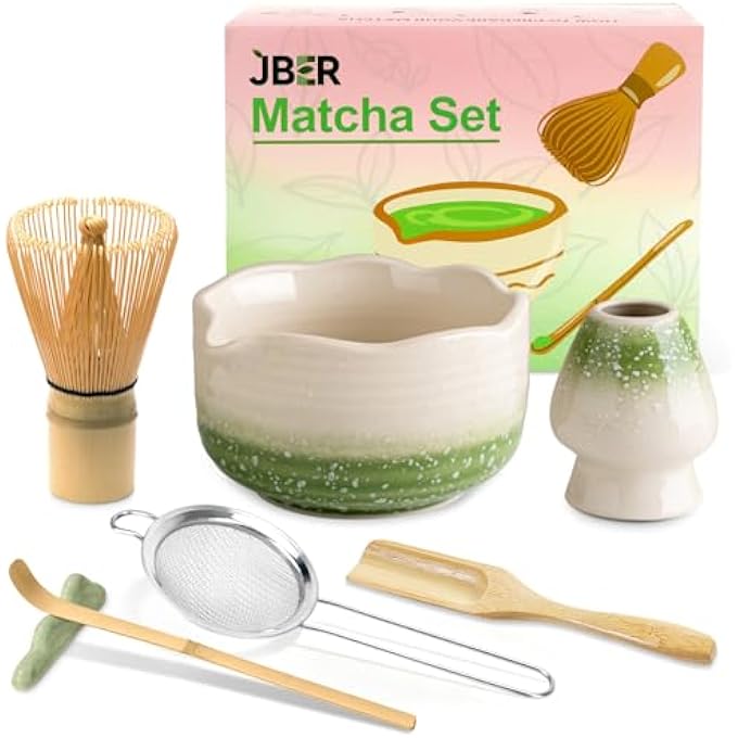 Jber Matcha Set Matcha Tea Set 7 Pcs  Bamboo Matcha Whisk Matcha Bowl With Spout Matcha Whisk Holder Sieve Spoon And Holder Japanese Matcha Accessories Gradient Green Pro - Image 2