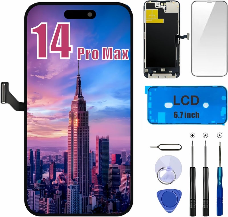 passionTR Store طقم استبدال شاشة LCD لجهاز آيفون 14 برو ماكس، 6.7 بوصة، شاشة عرض تعمل باللمس ثلاثي الأبعاد، شاشة استبدال كاملة الدقة، مجموعة إصلاح من الفولاذ المقاوم للصدأ + مقاومة للماء + واقي شاشة (إنسيل) - Image 1