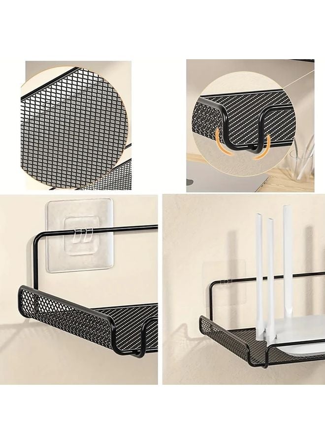 Black Wall Mounted Router Shelf Stainless Steel Mesh Storage Rack with Ventilated Base - Image 5