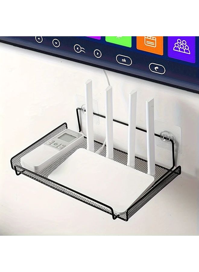 Black Wall Mounted Router Shelf Stainless Steel Mesh Storage Rack with Ventilated Base - Image 1