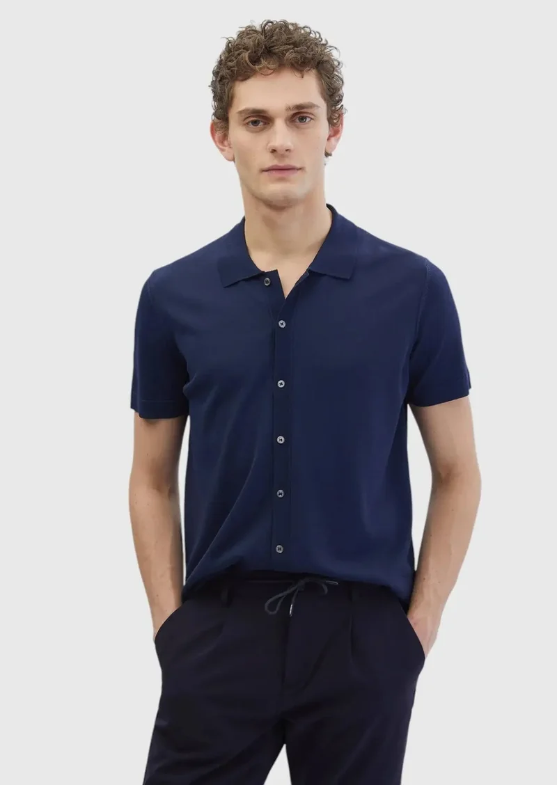 رامسي كارديجان محبوك سادة بياقة بولو باللون الأزرق الداكن