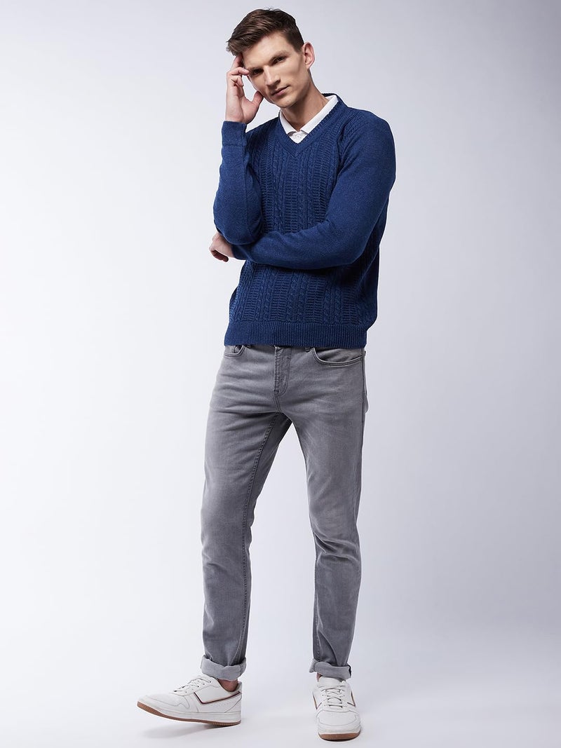 Pivl Men's V Neck Winter Solid Sweater - Warmth and Style for The Season_Denim_XL - Image 2