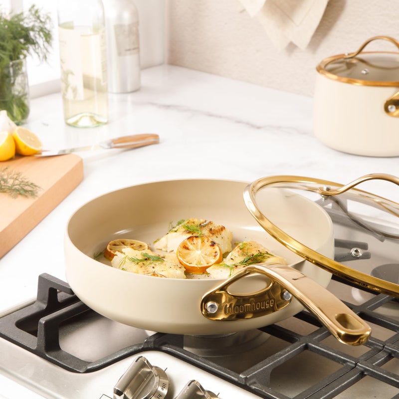 Bloomhouse - Two Time Oprah's Favorite Things Winner - 10 Inch Heavy Duty Aluminum Premium PFA Free Ceramic Nonstick Saute/Deep Frying Pan Skillet with Lid - Almond Cream w/Gold Handle - Image 4