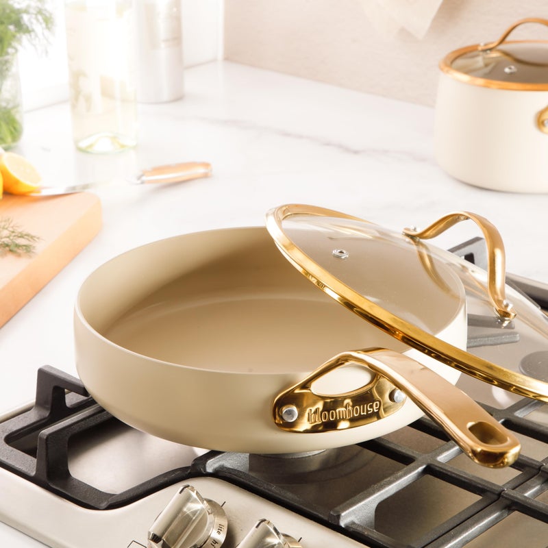 Bloomhouse - Two Time Oprah's Favorite Things Winner - 10 Inch Heavy Duty Aluminum Premium PFA Free Ceramic Nonstick Saute/Deep Frying Pan Skillet with Lid - Almond Cream w/Gold Handle - Image 2