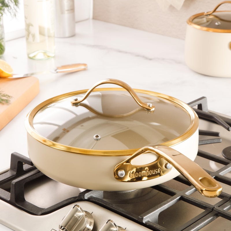 Bloomhouse - Two Time Oprah's Favorite Things Winner - 10 Inch Heavy Duty Aluminum Premium PFA Free Ceramic Nonstick Saute/Deep Frying Pan Skillet with Lid - Almond Cream w/Gold Handle - Image 3