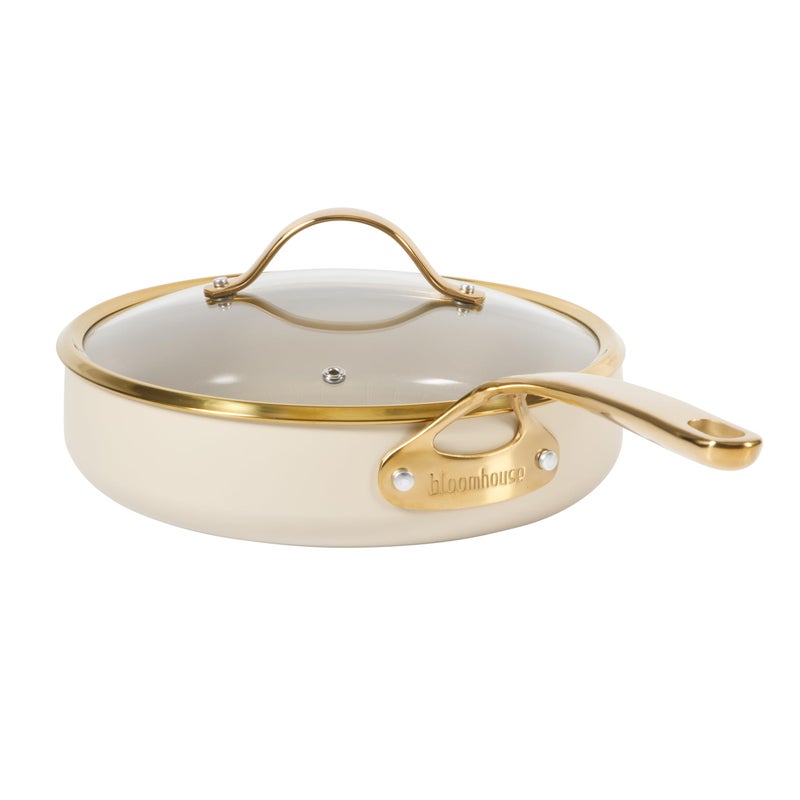 Bloomhouse - Two Time Oprah's Favorite Things Winner - 10 Inch Heavy Duty Aluminum Premium PFA Free Ceramic Nonstick Saute/Deep Frying Pan Skillet with Lid - Almond Cream w/Gold Handle - Image 1