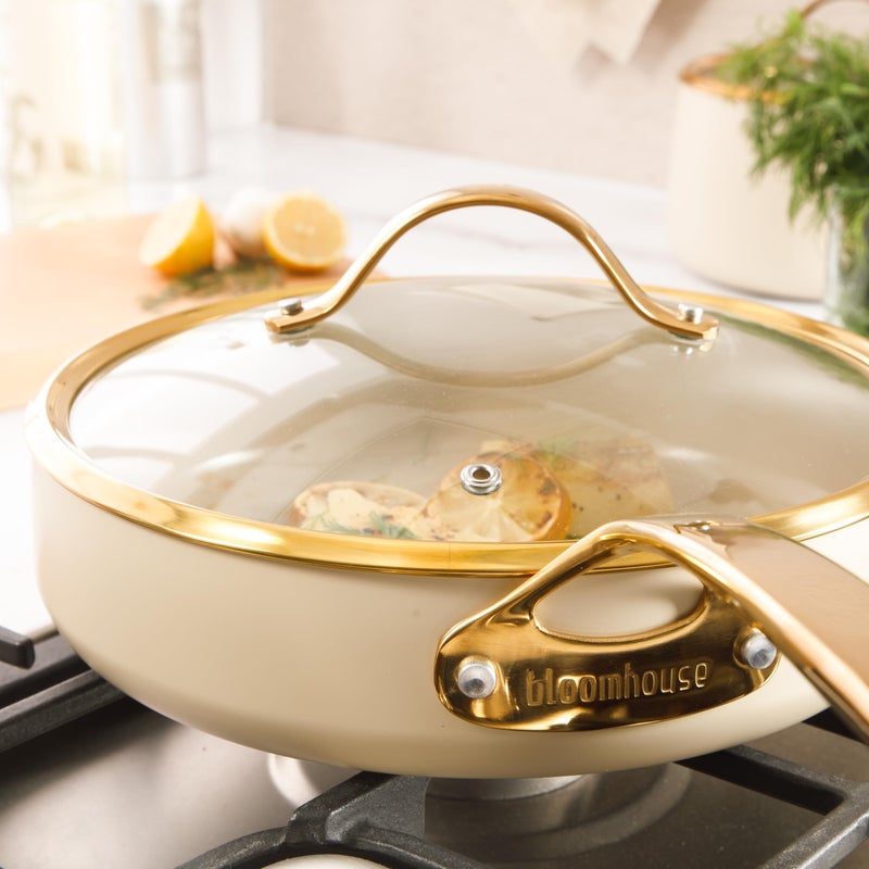 Bloomhouse - Two Time Oprah's Favorite Things Winner - 10 Inch Heavy Duty Aluminum Premium PFA Free Ceramic Nonstick Saute/Deep Frying Pan Skillet with Lid - Almond Cream w/Gold Handle - Image 5