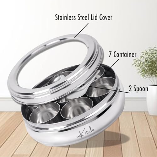 inKitch Stainless Steel Masala Box with 7 Containers & Spoon, See Through Lid Belly Shape Masala Dani, Spice Storage Box for Kitchen, Durable Steel Masala Dabba Organizer for Spices, Herbs, Seasoning - Image 5
