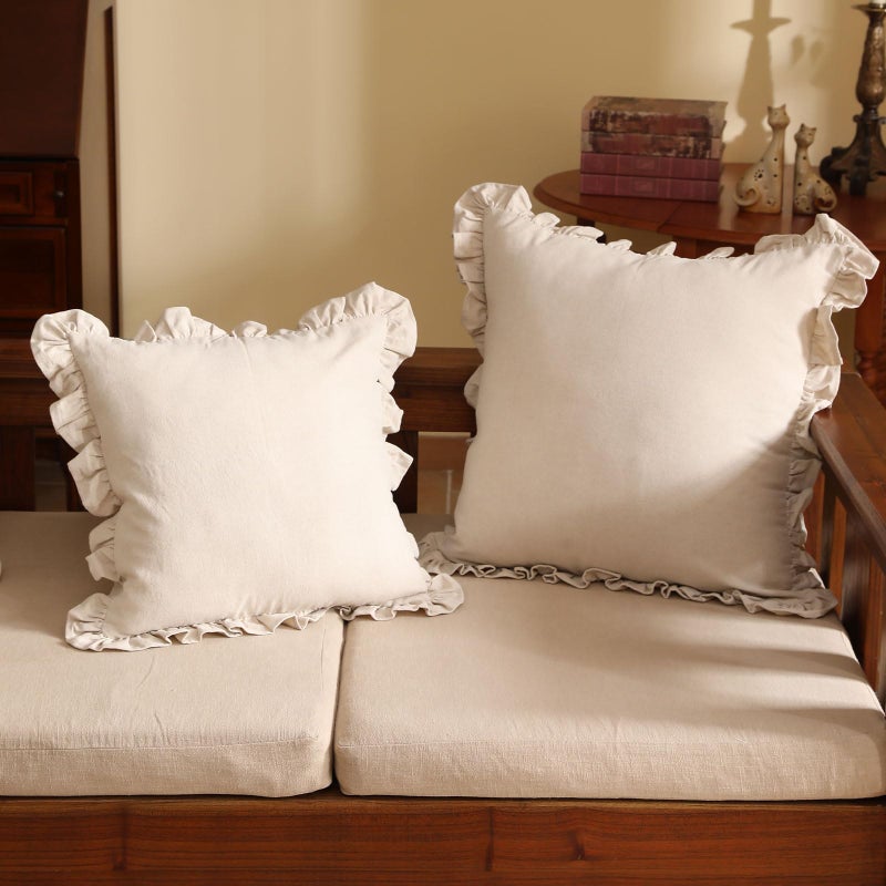 patdrea Linen Shabby Chic Decorative Throw Pillow Covers 22"x22" Set of 2,Farmhouse Linen Pillow Covers with Ruffles,Square Sturdy Throw Pillow Case for Couch Sofa Bed Living Room - Image 2