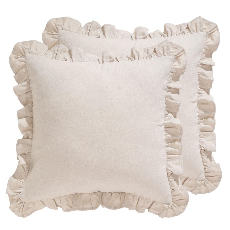 patdrea Linen Shabby Chic Decorative Throw Pillow Covers 22"x22" Set of 2,Farmhouse Linen Pillow Covers with Ruffles,Square Sturdy Throw Pillow Case for Couch Sofa Bed Living Room - Image 1