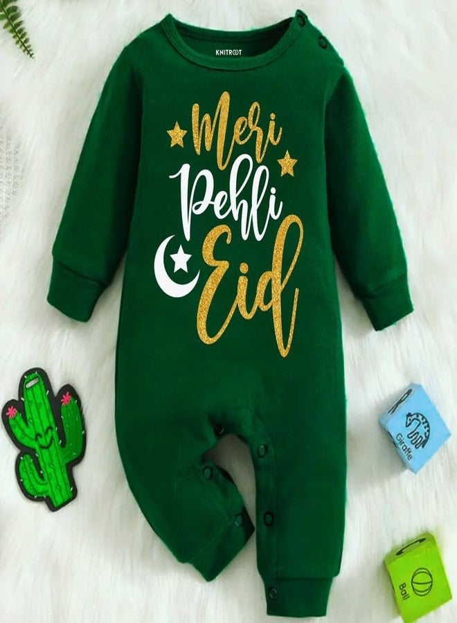 KNITROOT Eid Special, Jumpsuit, Meri Pehli Eid, Newborn Baby Kids Dark Green Romper, Bodysuit, Sleepsuit, Snap Button, Round Neck, 6-12 Months, Infant Cloths for Boys & Girls - Image 3