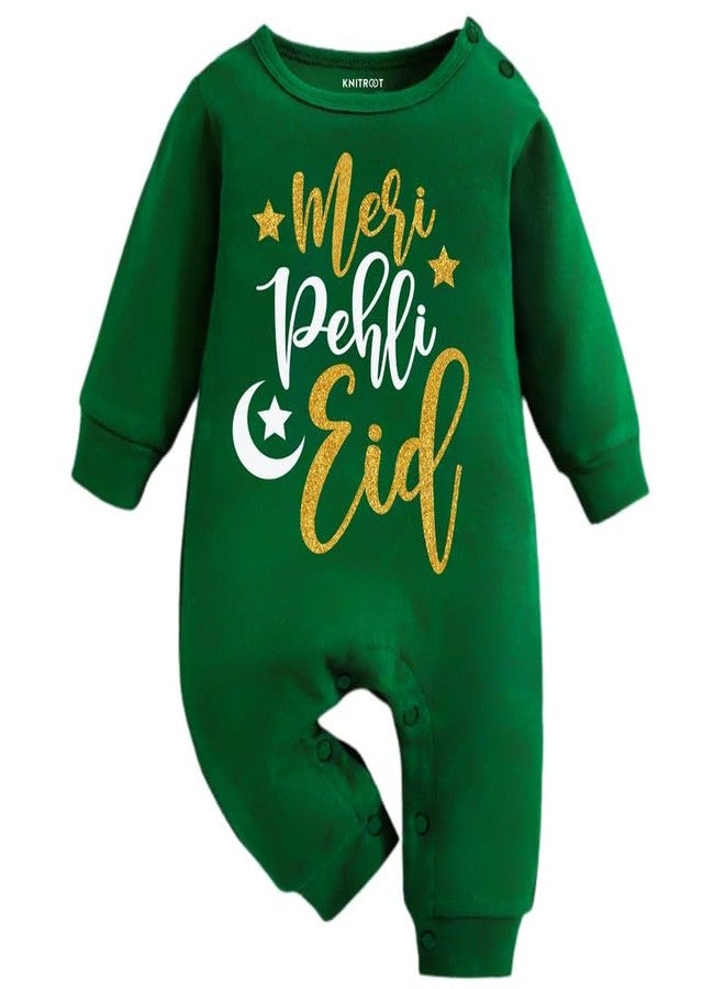 KNITROOT Eid Special, Jumpsuit, Meri Pehli Eid, Newborn Baby Kids Dark Green Romper, Bodysuit, Sleepsuit, Snap Button, Round Neck, 6-12 Months, Infant Cloths for Boys & Girls - Image 1
