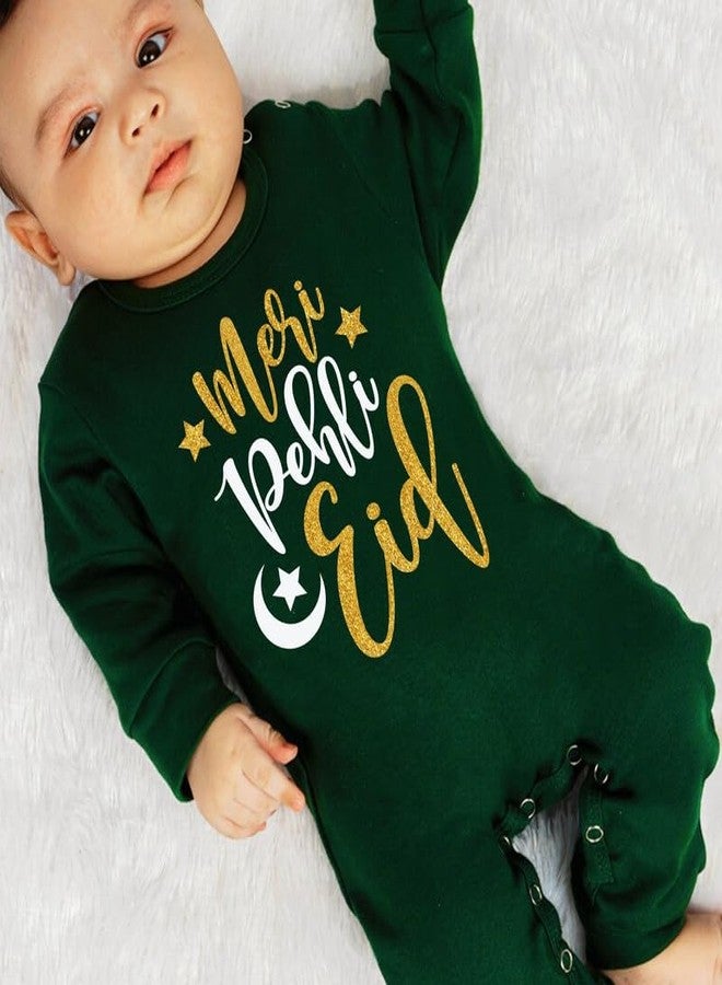 KNITROOT Eid Special, Jumpsuit, Meri Pehli Eid, Newborn Baby Kids Dark Green Romper, Bodysuit, Sleepsuit, Snap Button, Round Neck, 6-12 Months, Infant Cloths for Boys & Girls - Image 2
