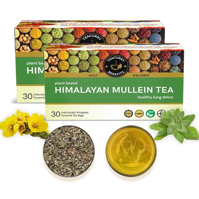 Teacurry Mullein Herbal Tea (60 Tea Bags, 2 Month Pack) - Caffeine Free Mullein for Immunity and Lung Detox | All Natural Himalayan Gluten Free Tea - Image 1